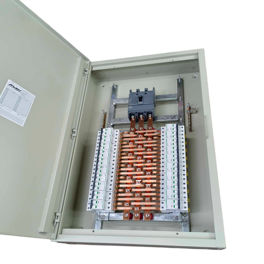 Open Schneider 225A panel board showing internal copper busbars and circuit breakers in a metal enclosure