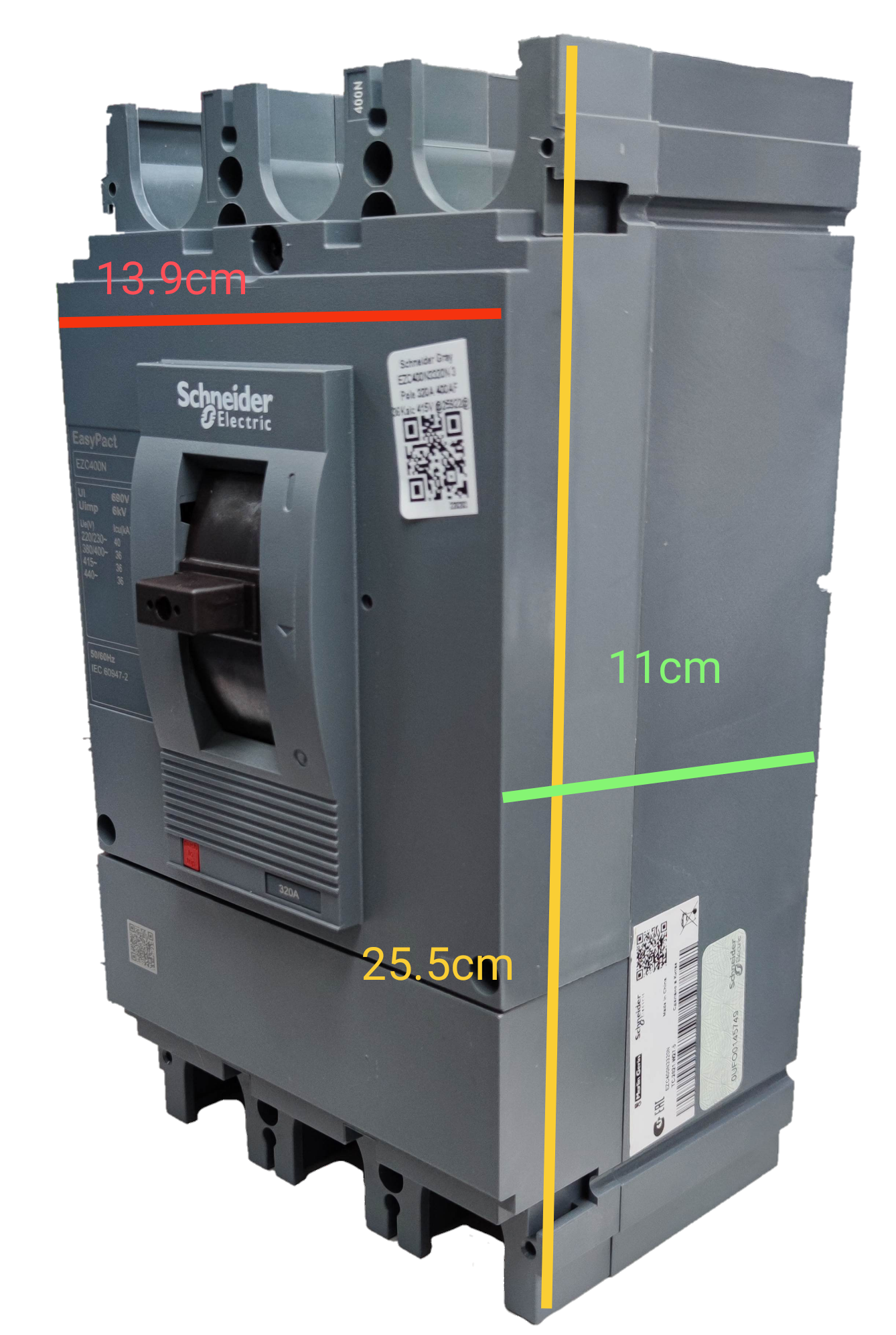 Schneider 320A 3 Pole Industrial Circuit Breaker in gray with dimensional measurements