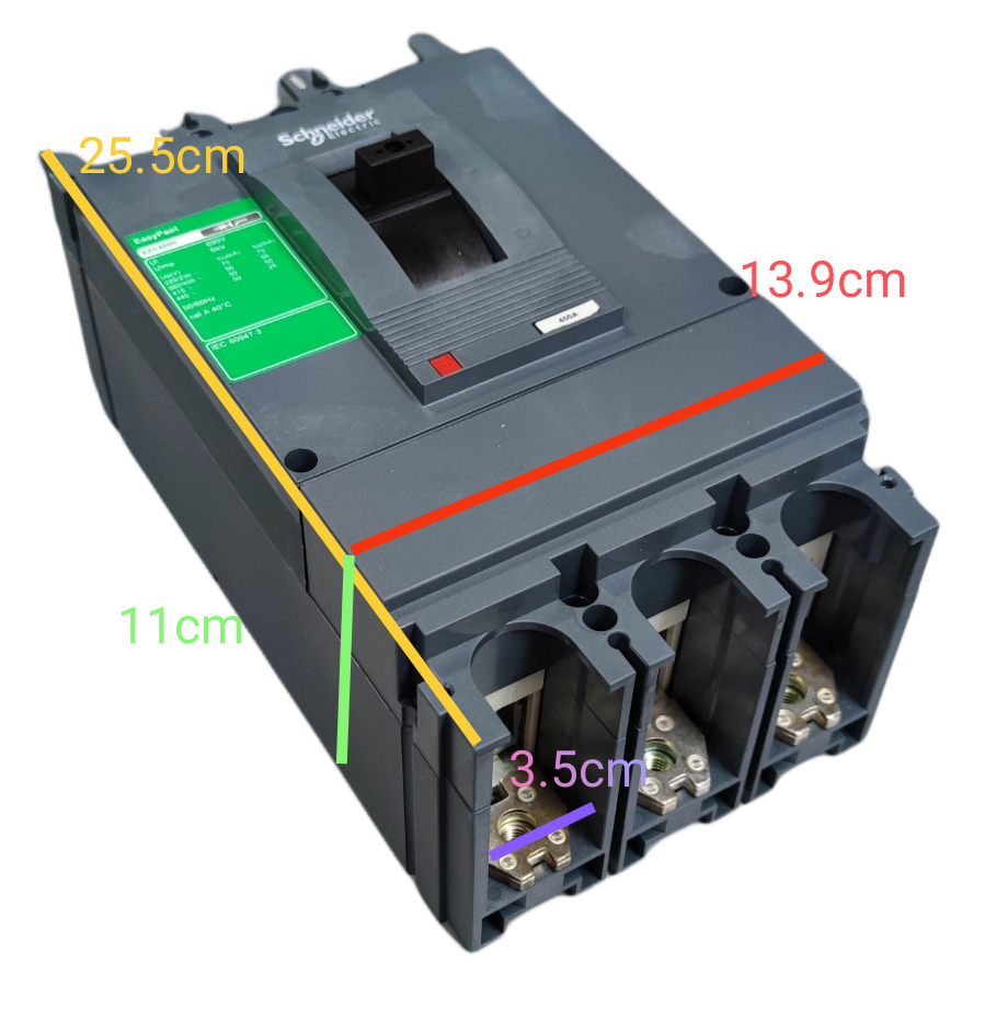 Schneider 500A 3 Pole Industrial Circuit Breaker with black casing and detailed measurements