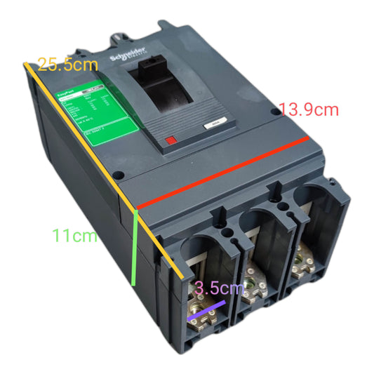 Schneider 600A 3 Pole Industrial Circuit Breaker with clear labeling and dimensions for electrical applications