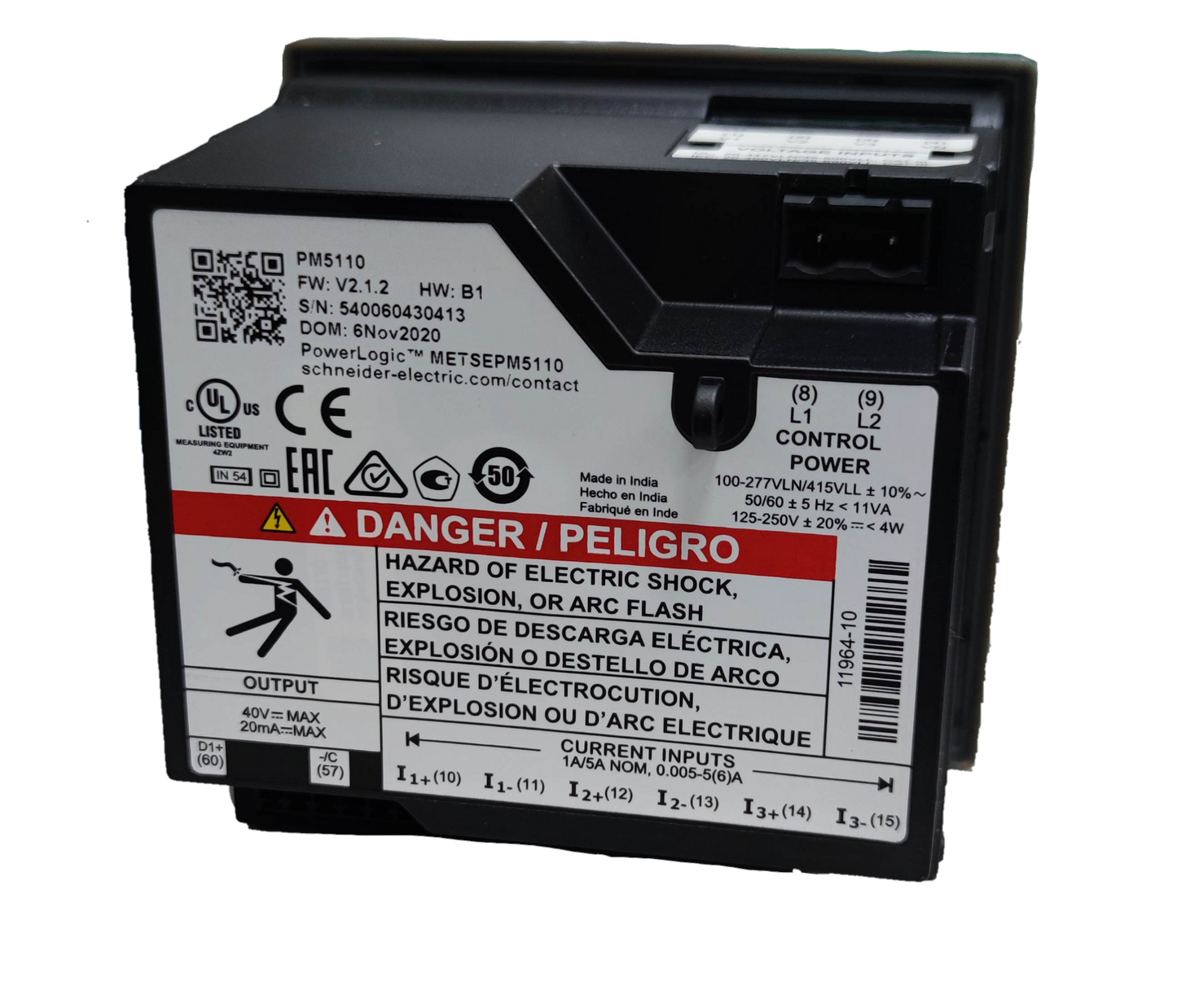 Schneider digital power meter with electrical safety warnings and multiple current input labels