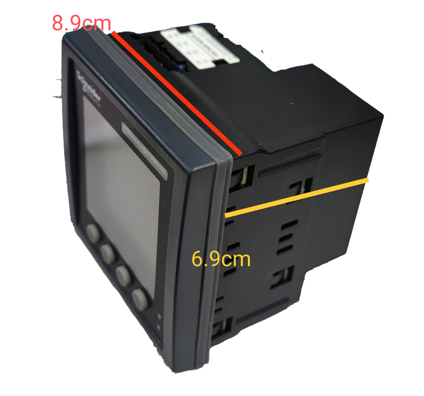 Schneider digital power meter electrical trade tool with screen and control buttons in black casing