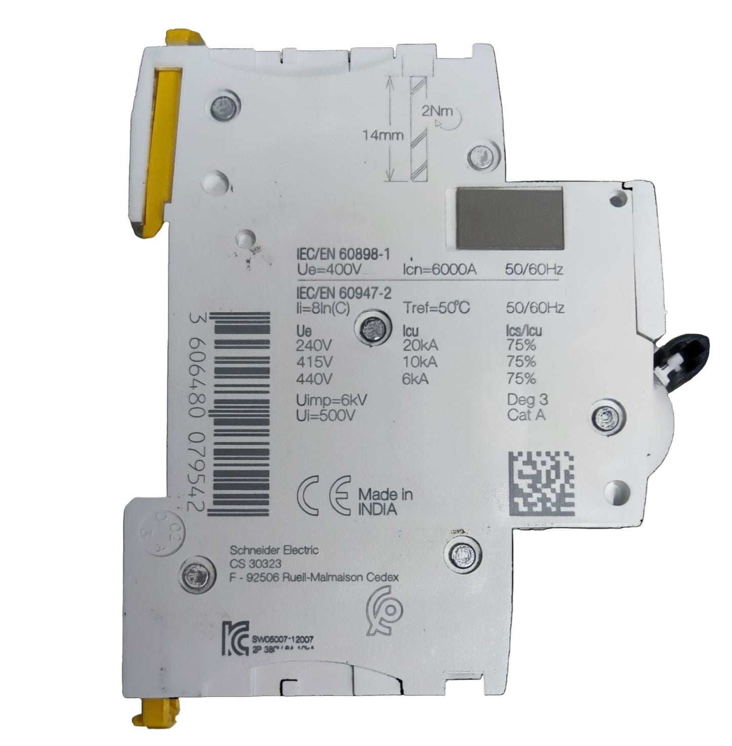 Schneider 63A Miniature Circuit Breaker 1 Pole with detailed technical specifications on the back
