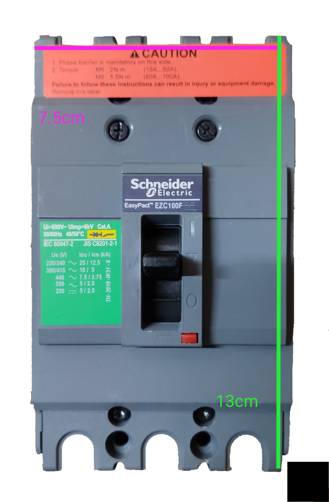 Schneider Breaker Industrial Easy Pact EZC100F3075 electrical circuit breaker in gray with safety labels