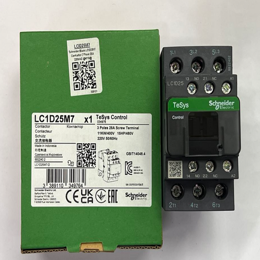 Schneider LC1D25M7 220V industrial contactor with 3 pole screw terminal connections in eco-friendly packaging