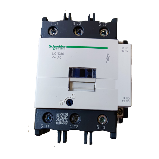 Schneider Magnetic Contactor 80A 220V Coil electrical component with labeled terminals and white casing