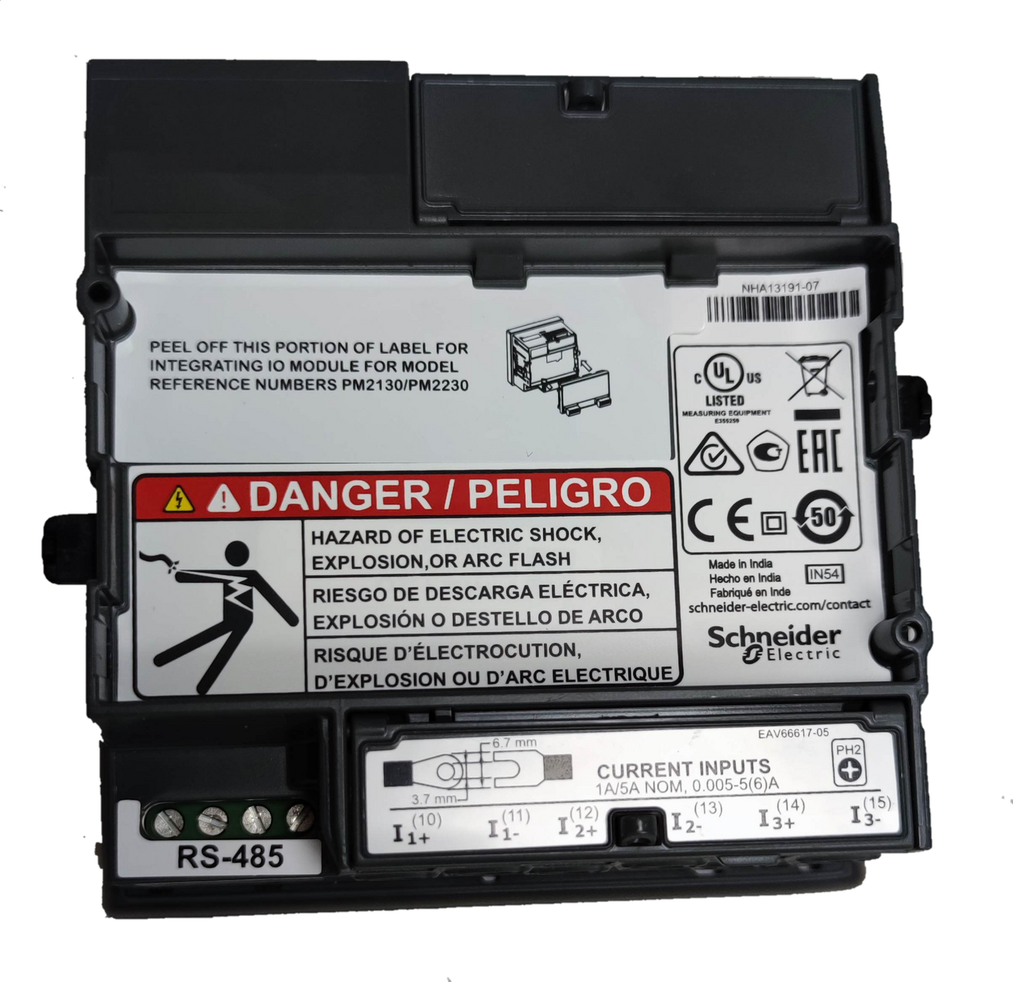 Schneider Power Meter METSEPM2120 electrical trade tool with safety warning labels and RS-485 connection