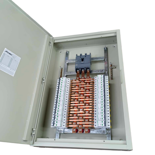 Schneider panel board with MCB inside an open metal electrical enclosure showing circuit breakers and copper busbars