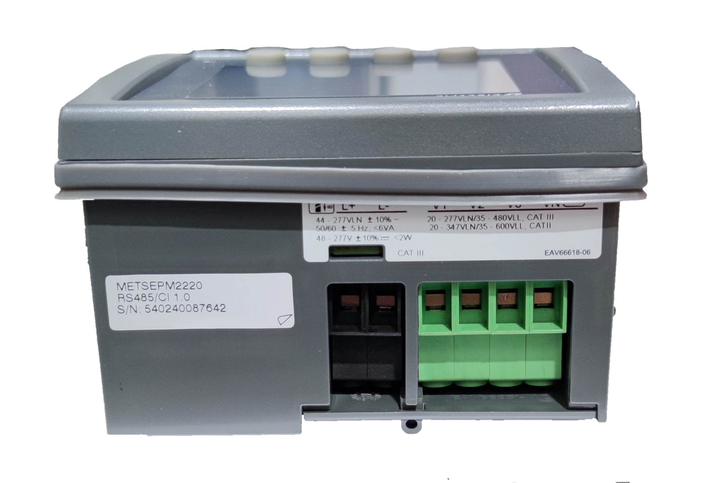 Schneider Power Meter METSEPM2220 48-277VAC electrical trade tool side view showing connection ports