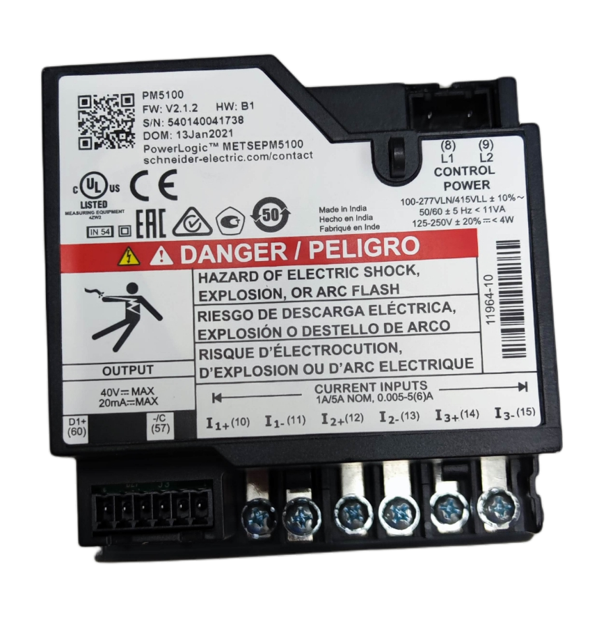 Schneider Power Meter METSEPM5100 electrical trade tool with warning label and multiple connection terminals