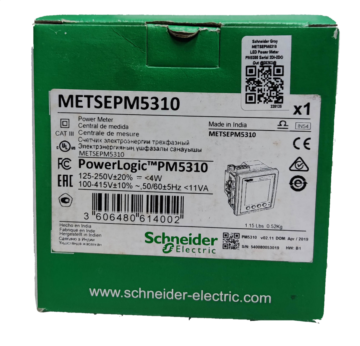Schneider Power Meter METSEPM5310 boxed electrical trade tool and tester with product details and barcode