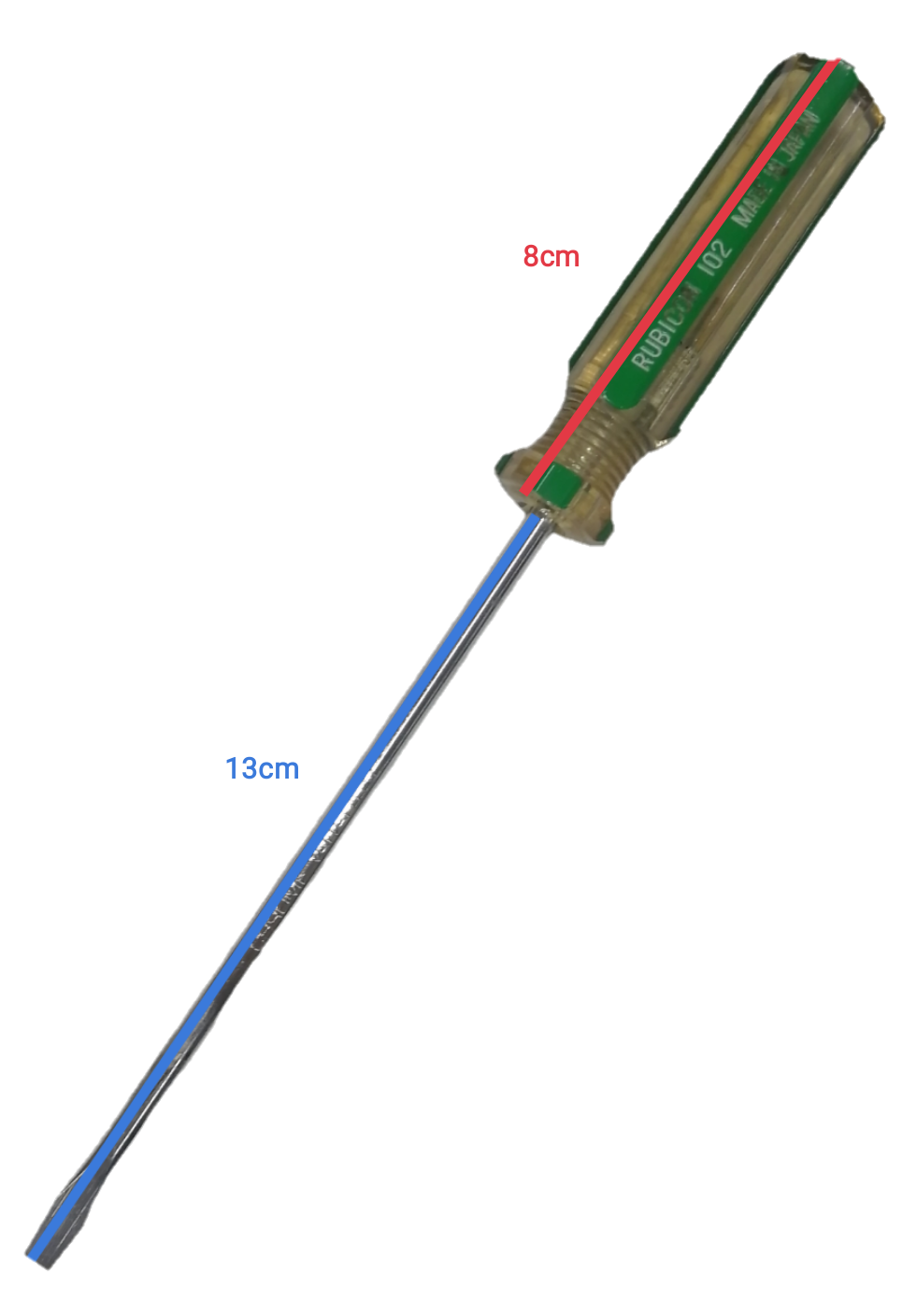 Screw Driver Made in Japan Rubicon with a green handle and a sleek design, measuring 13cm in length