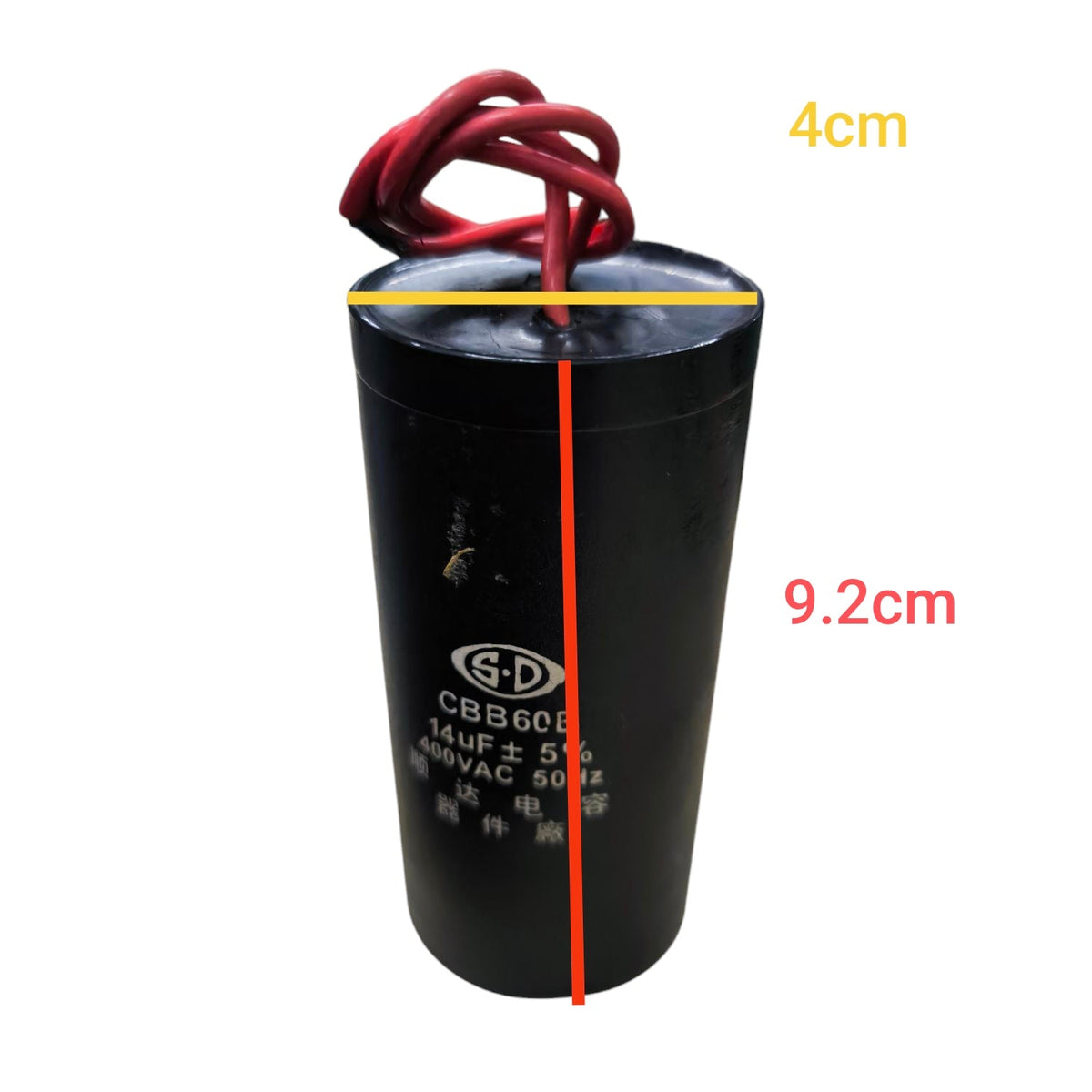 CBB 14uF 400V Capacitor black cylindrical electrical component with red wires and size markings