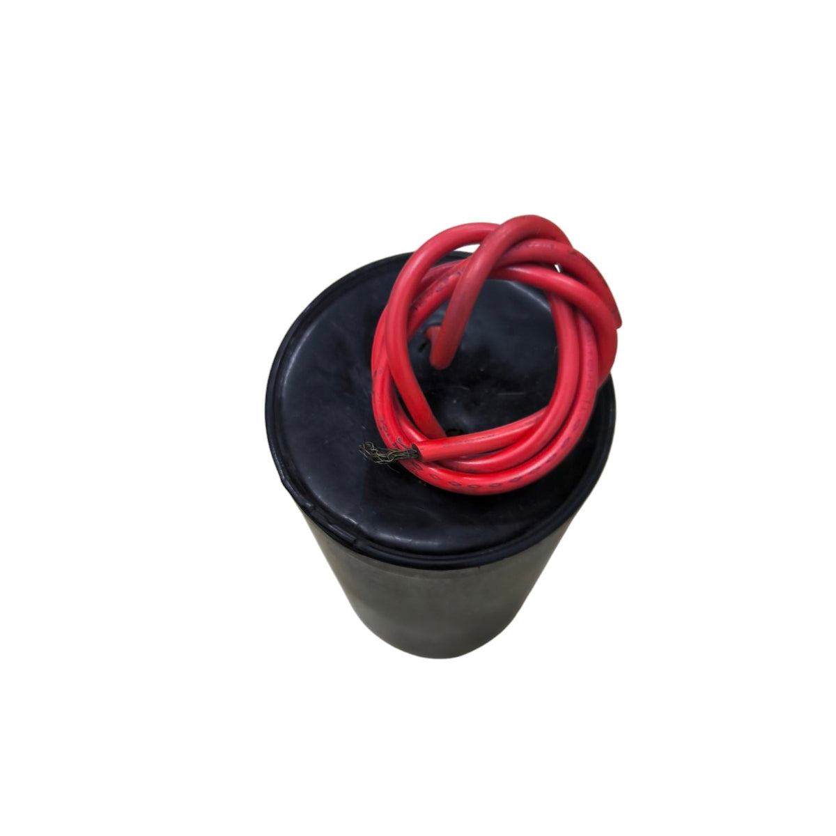 CBB 14uF 400V Capacitor with black cylindrical body and red electrical wires for circuitry