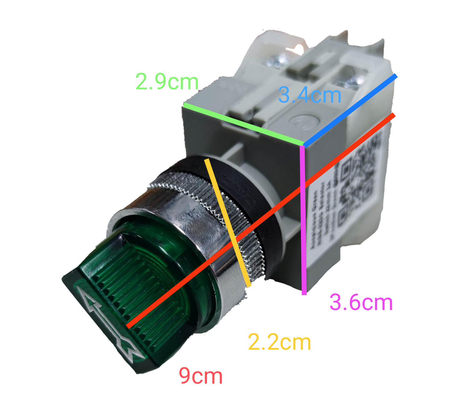 Auspicious 22mm selector switch green with detailed dimensions for power points switches and plugs