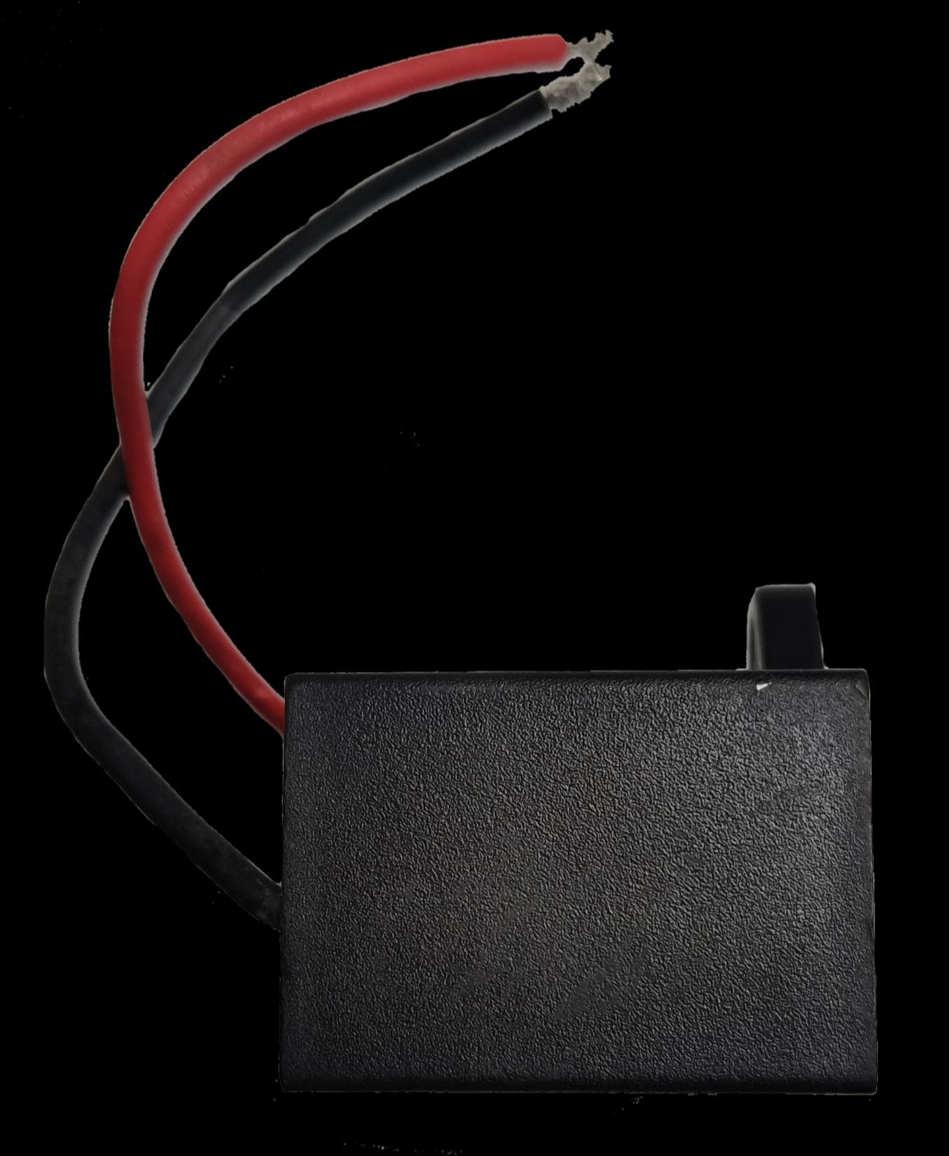 Motor Capacitor 12uF 450V AC black rectangular electrical component with red and black wires