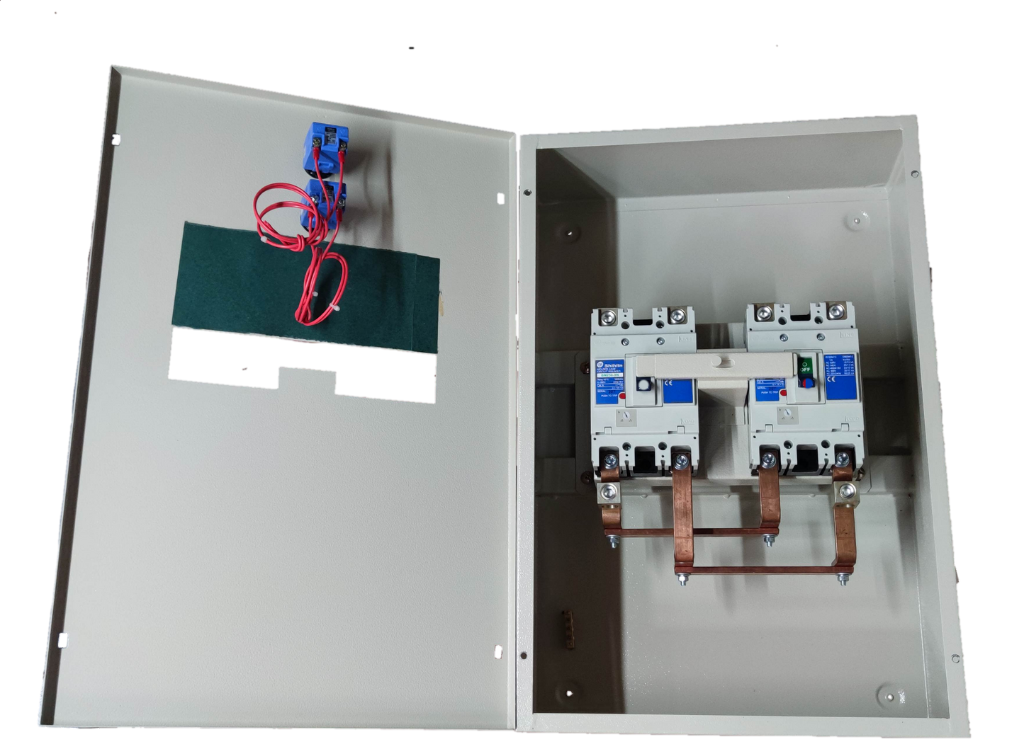 Shihlin 175A MTS 2 Pole Single Pole electrical switch inside a grey metal enclosure box