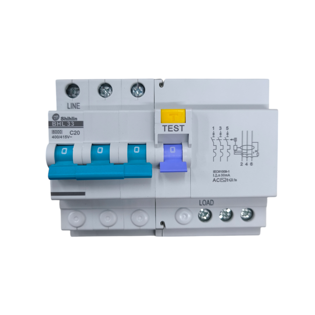 Shihlin 20A 3 Pole Earth Leakage Circuit Breaker with blue switches and test button for electrical safety