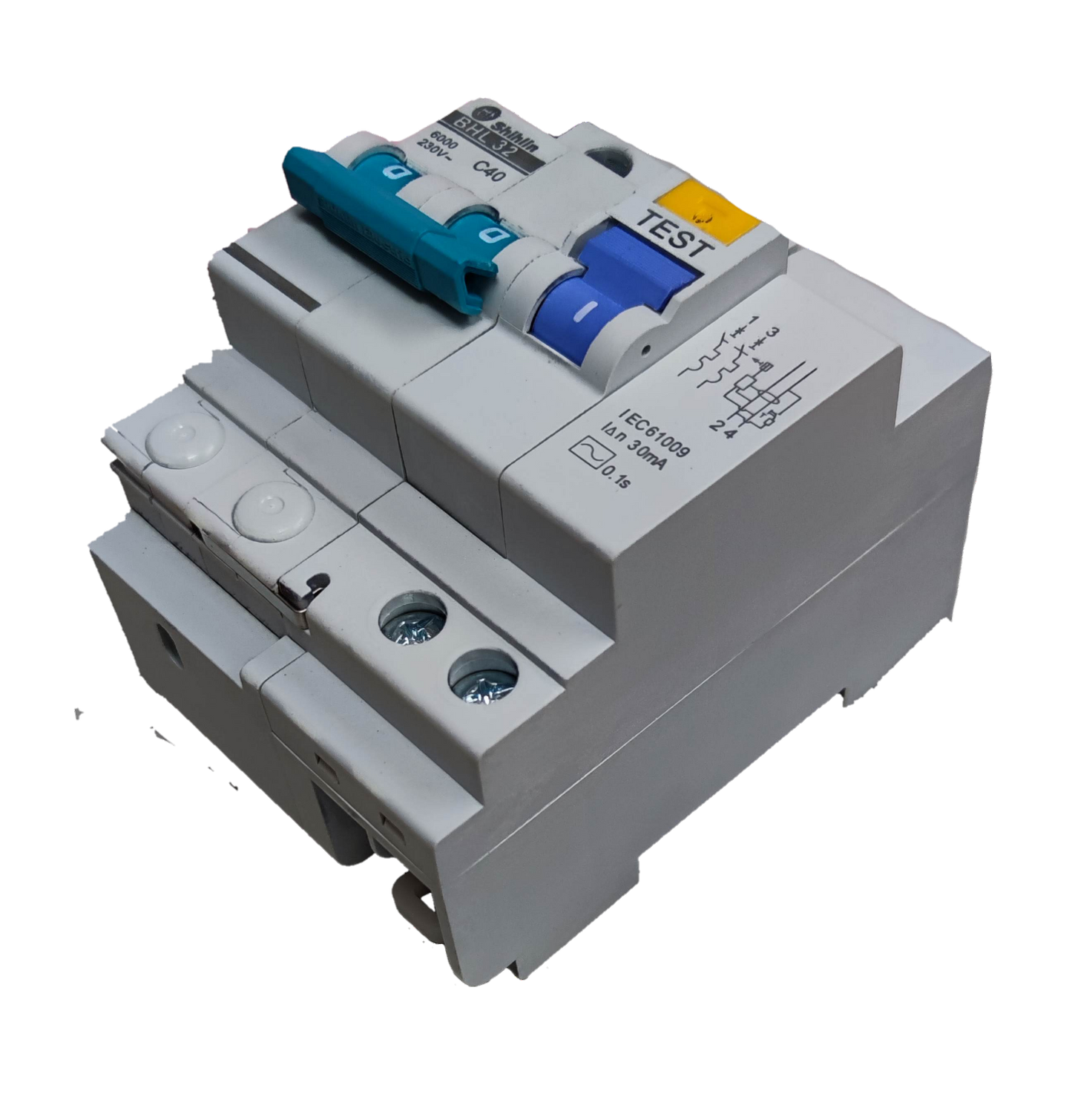 Shihlin 40A Residual Circuit Breaker with test button and blue and teal switches for electrical safety