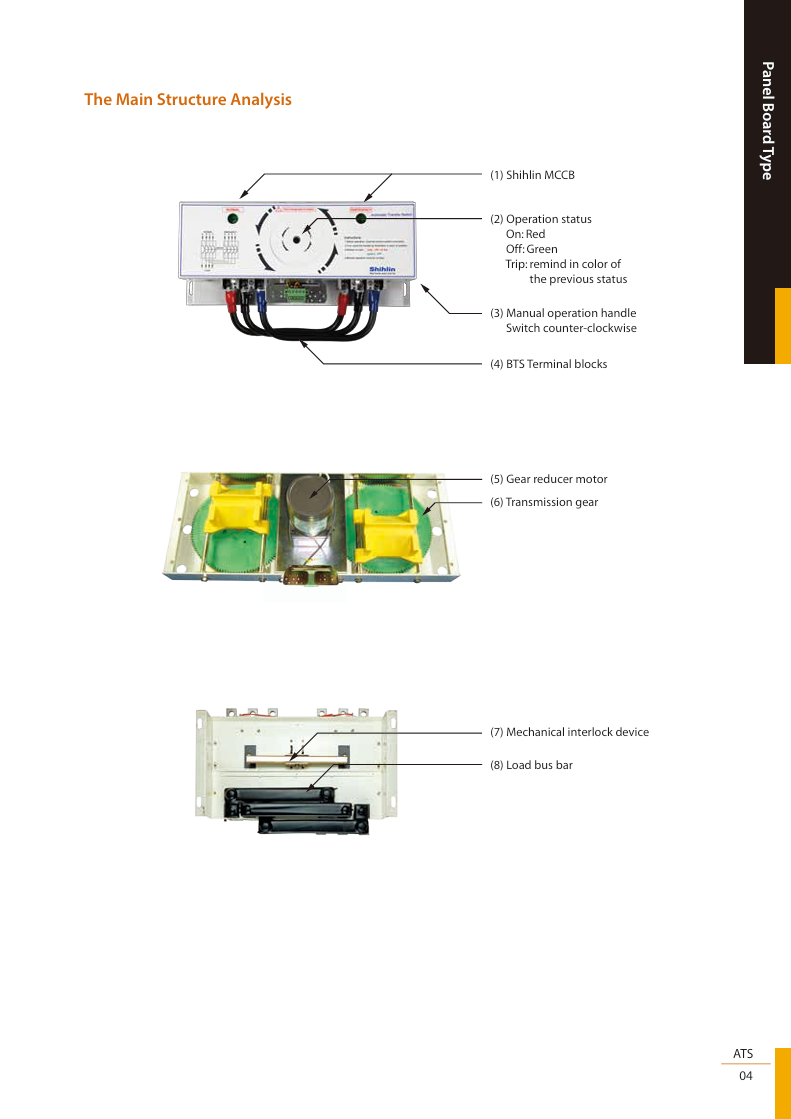 Shihlin ATS internal components diagram showing MCCB, bus bars, gears and labeled parts for 1600A 3Pole 130 KAIC 220V ATS