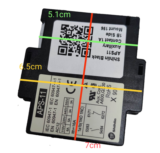 Shihlin Auxiliary Contact 1NO-1NC electrical component with labeled dimensions 7cm by 6.5cm and 5.1cm