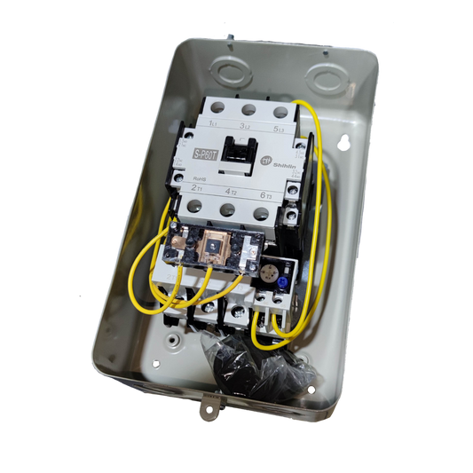 Shihlin Magnetic Starter 54A 20HP 3 Phase mounted inside a metal enclosure with yellow wiring