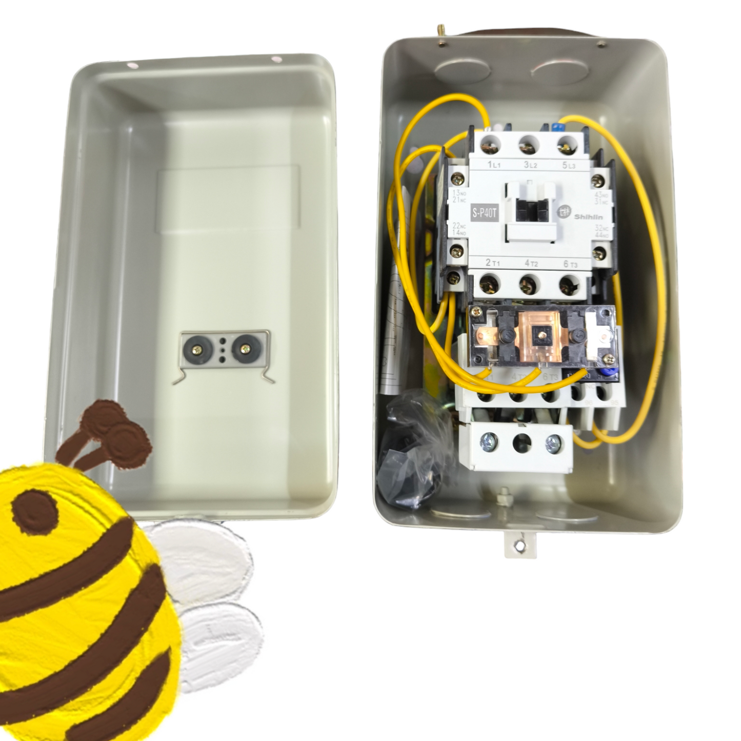 Shihlin Magnetic Starter 40A 15HP 220V power switch with yellow wiring inside a gray protective casing