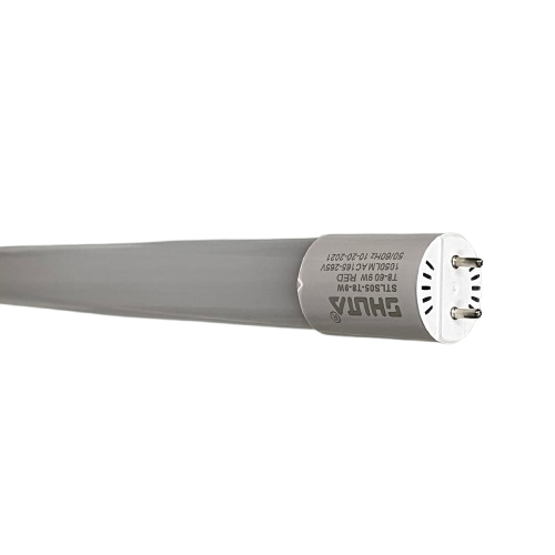Shuta T8 LED Tube Light 9W with white casing and two-pin connectors on black background