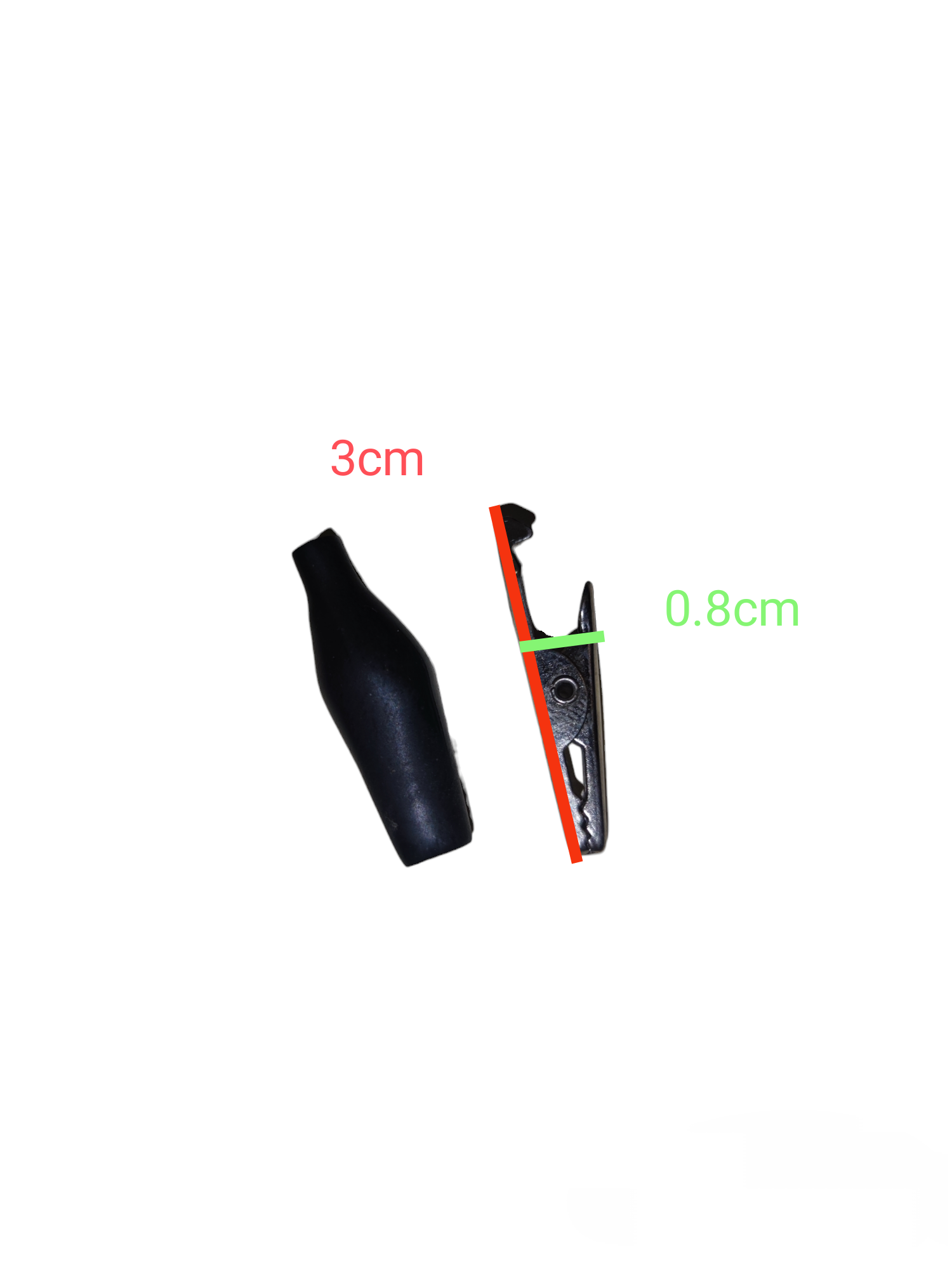Small alligator clip with black cover showing dimensions 3cm length and 0.8cm width for electrical circuitry parts