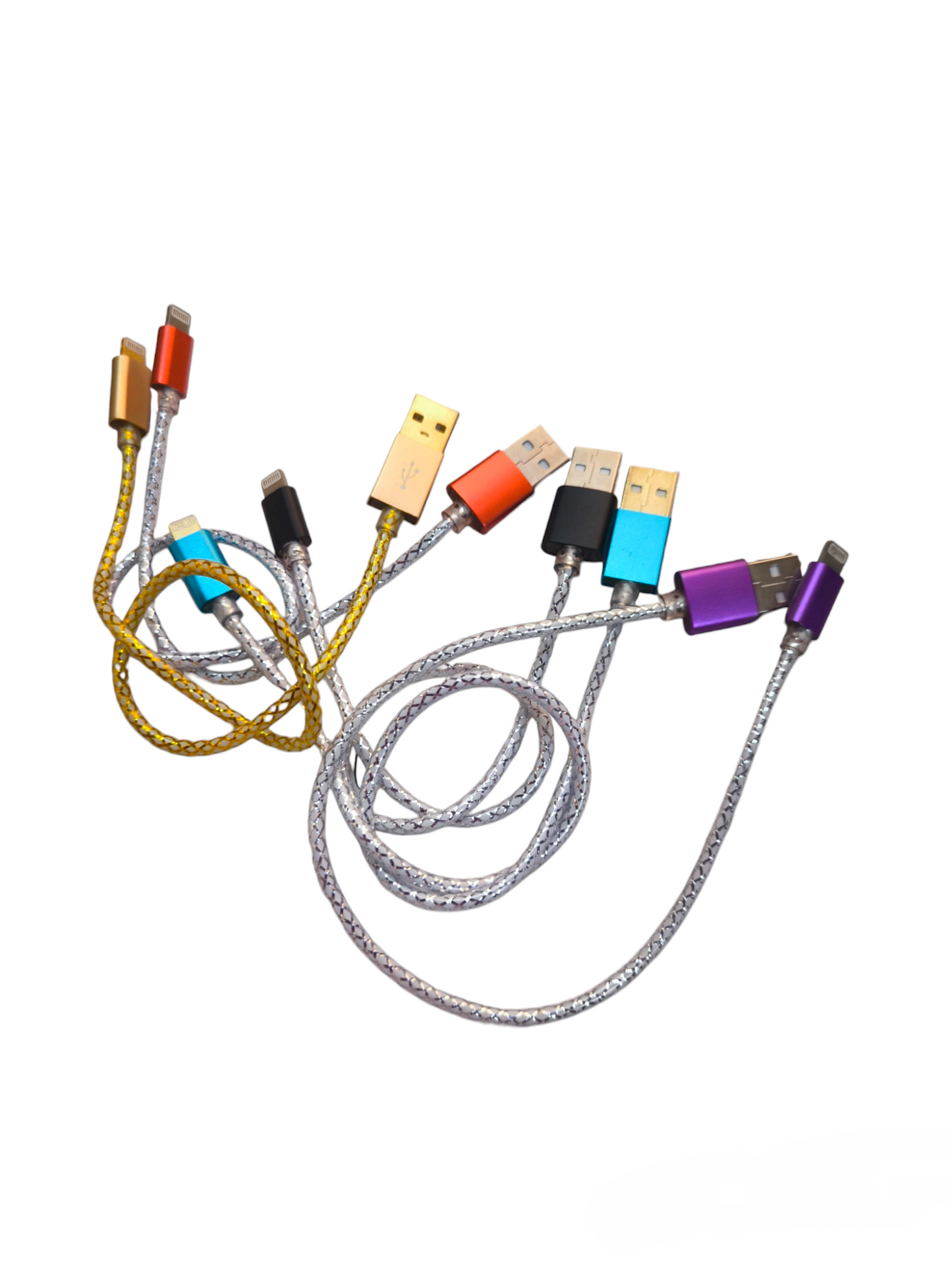 Colorful smart phone charging cord set with braided cables and USB connectors from China