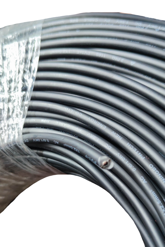 Denko solar power wiring supplies featuring a coil of durable black electrical cable for efficient energy transfer