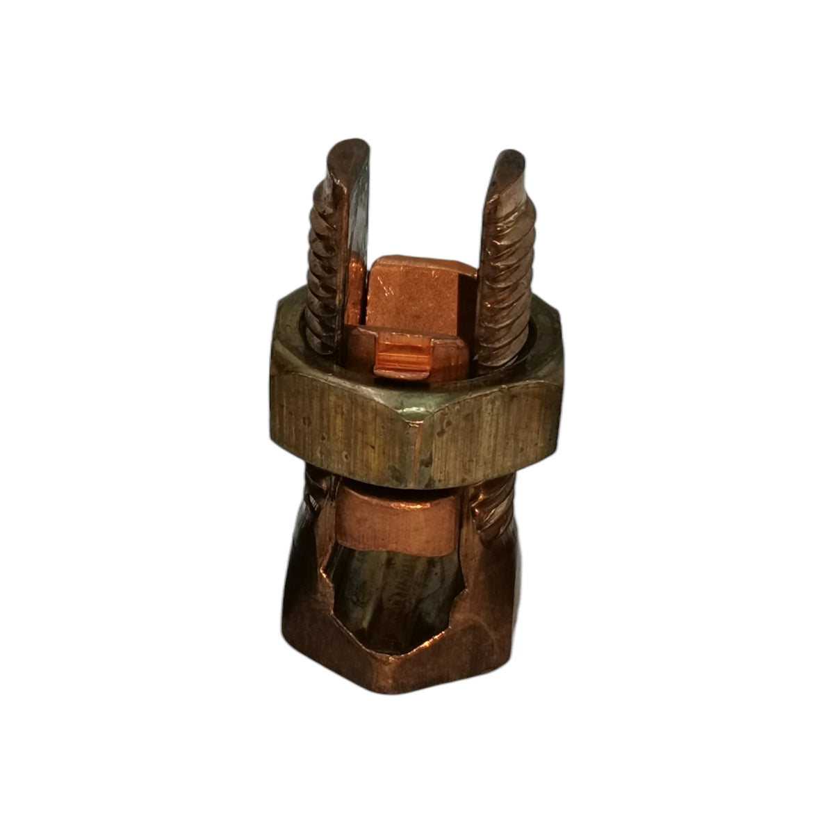 Metallic connector with copper elements on a white background