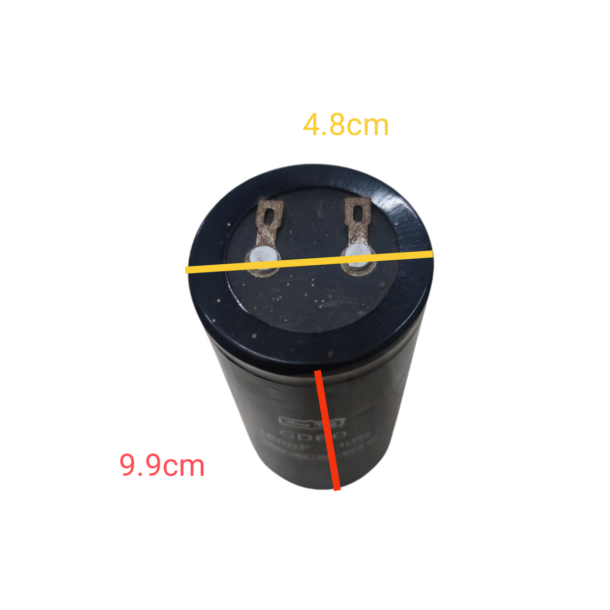 CBB 150uF 250V running capacitor with black cylindrical body and metal terminals on top
