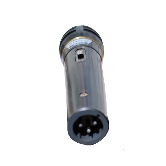 Sony microphone with microphone cord featuring a black metal body and XLR connector