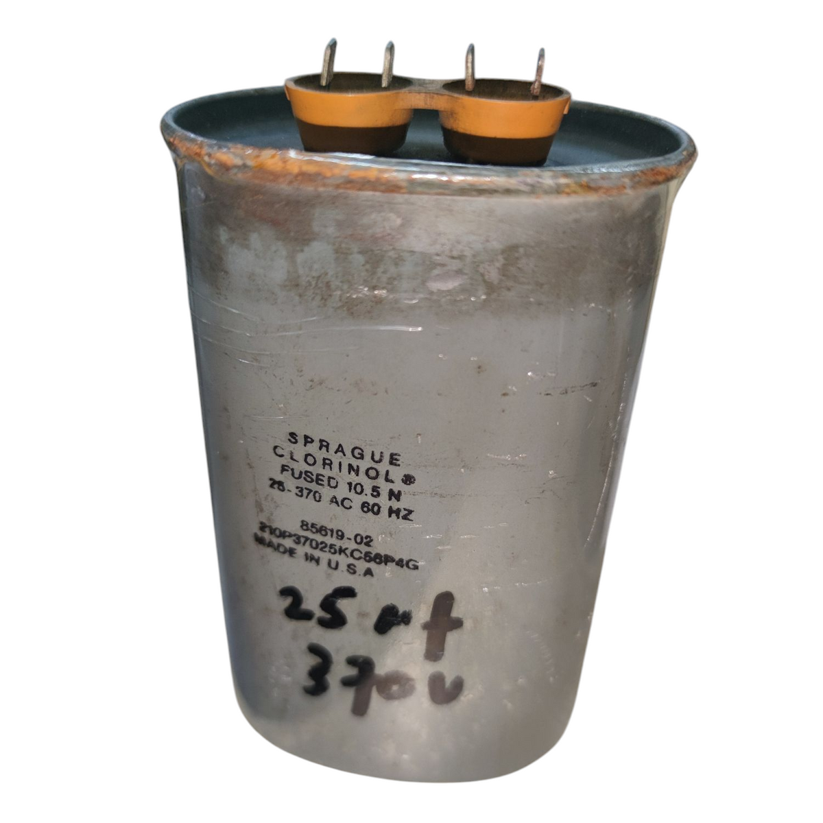 Sprague 25uF 370V Motor Capacitor with metal casing and three electrical terminals