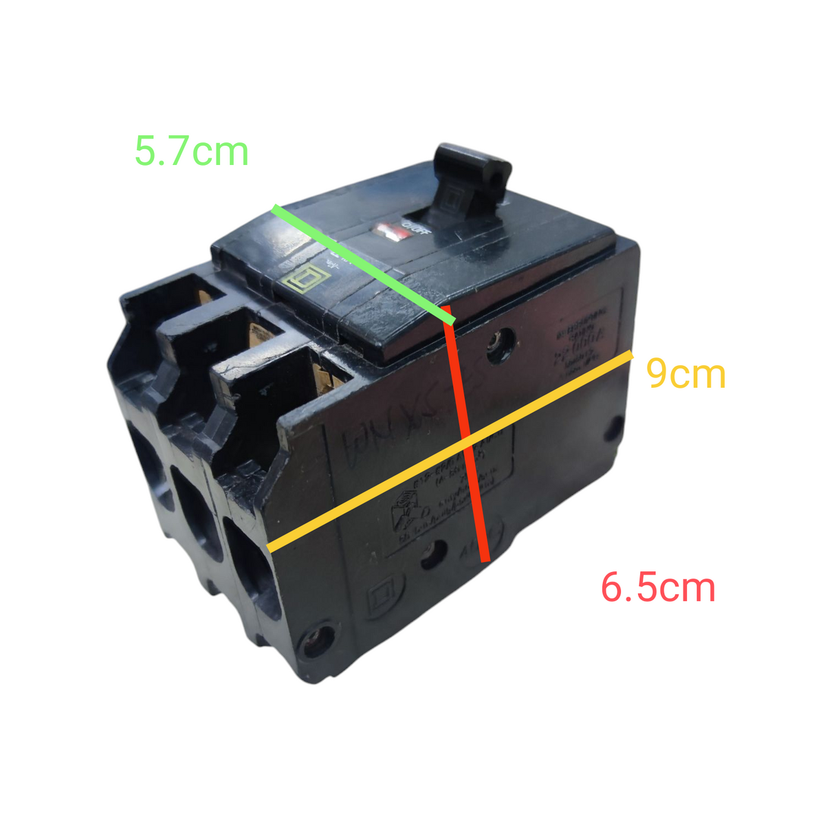 Square D 50A 3 Pole 22KAIC 220V Circuit Breaker with dimensions shown on a white background