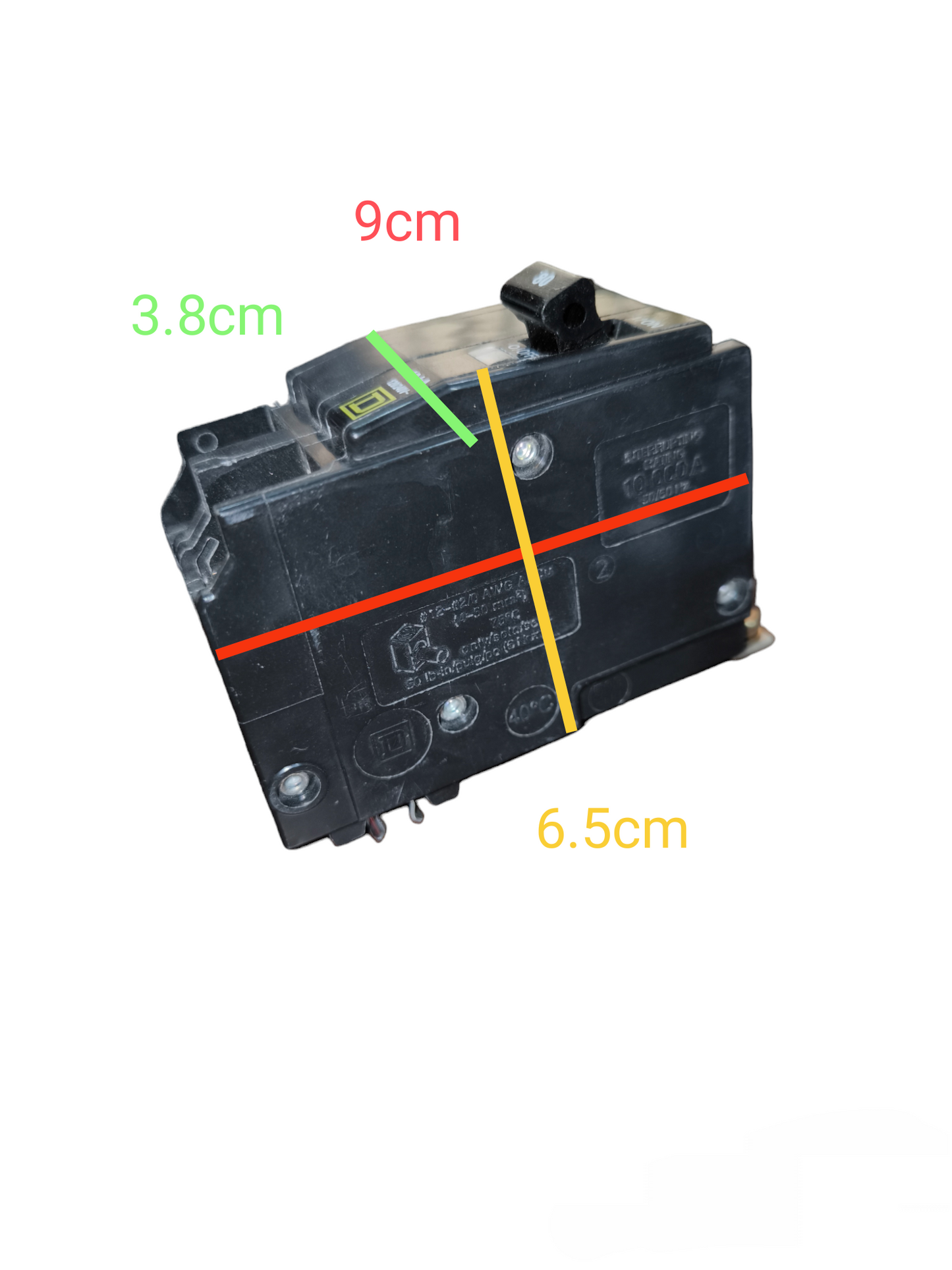 Square D 80A 2Pole Bolt On Circuit Breaker with black casing and measurement markings