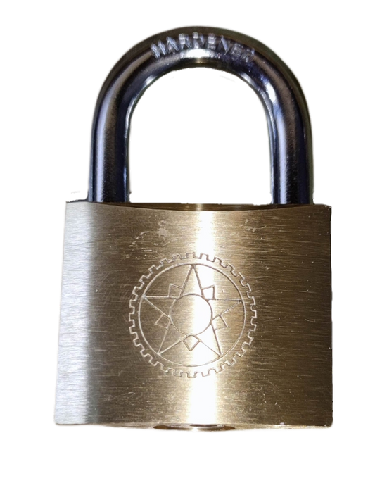 Star Wheel brass padlock with a durable metal design and engraving for secure locking