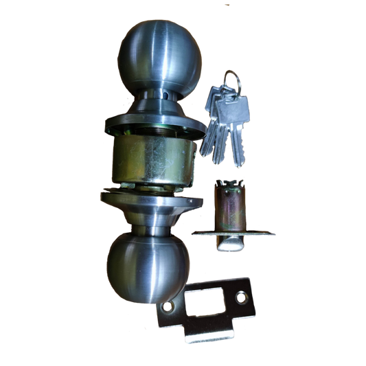 Star Wheel Door Knob set with brushed metal finish including keys and latch components