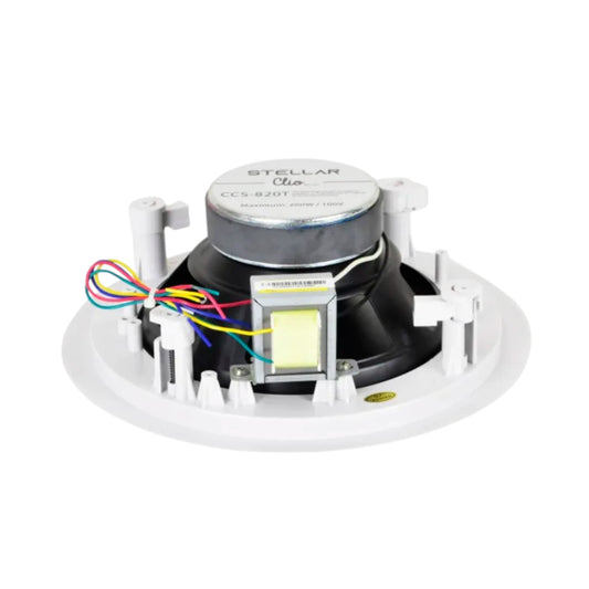 Stellar Clio Series 8 Inches Ceiling Speaker white flush mount speaker showing driver magnet transformer and multicolor wires