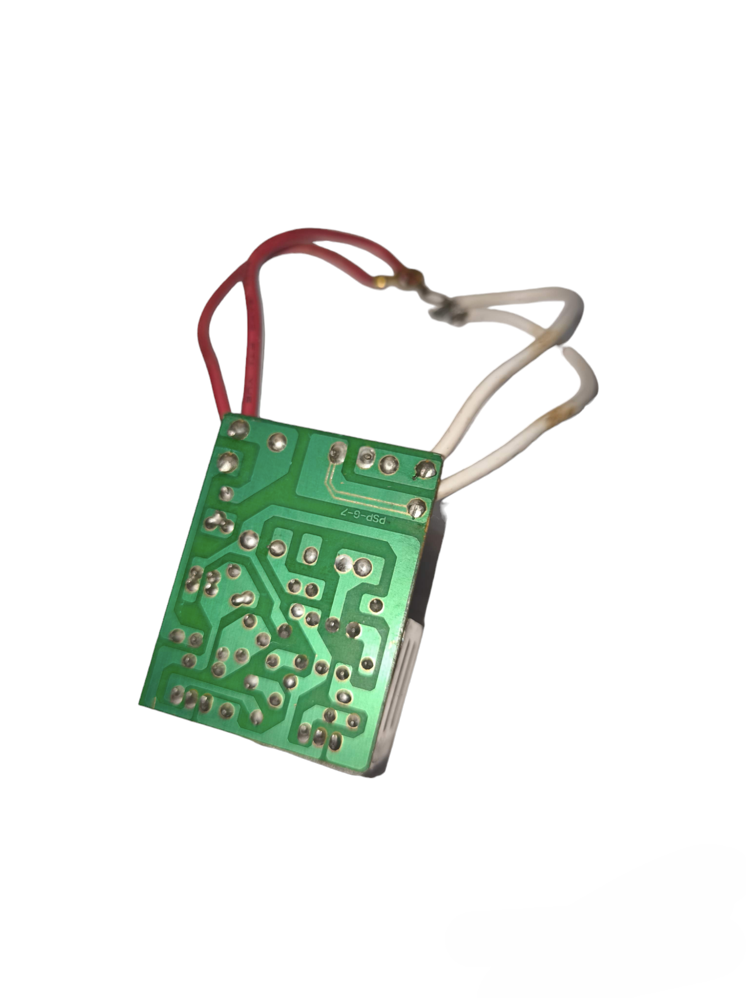Step Down Transformer 220V to 12V electrical circuitry part with green circuit board and red white wires