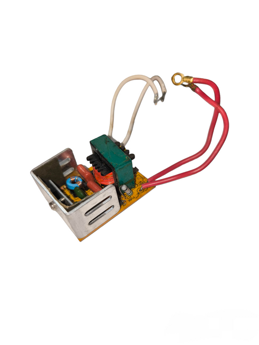 Step Down Transformer 220V to 12V electrical circuitry with red and white wires on yellow circuit board