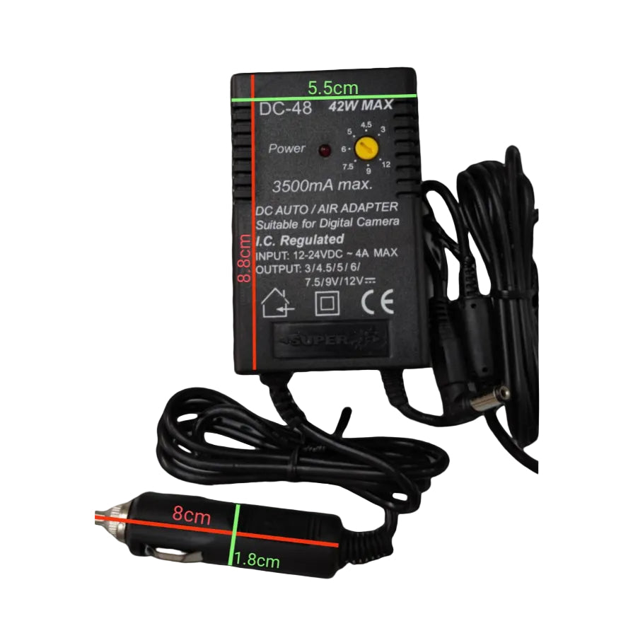 Grippes DC Automotive Adaptor with 3500mA max output and adjustable voltage for digital cameras