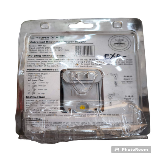 Universal Adaptor 1200mA Output 3V in clear plastic packaging with instructions and label visible