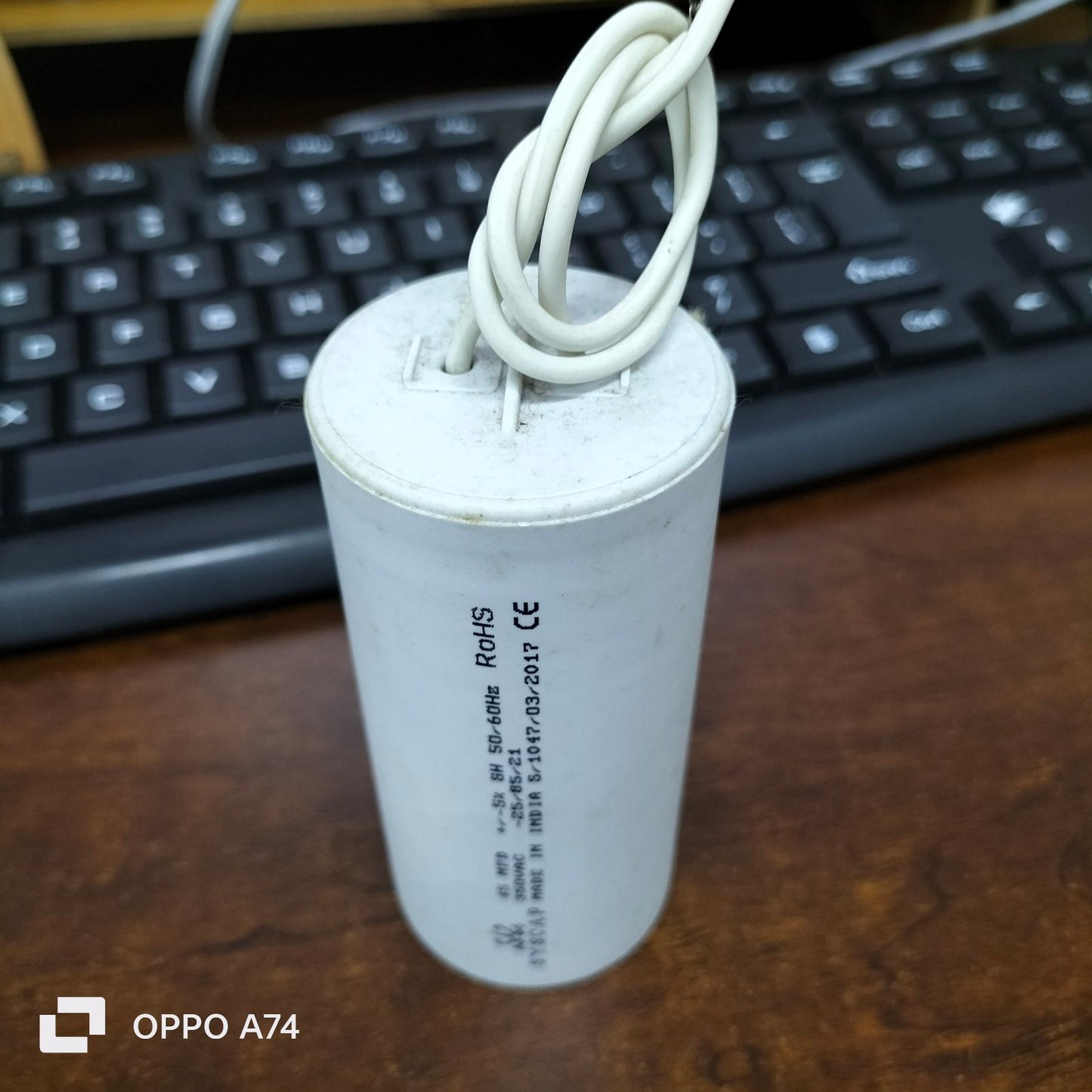 Syscap 45MFD 350V AC Running Capacitor white cylindrical electrical component with wires