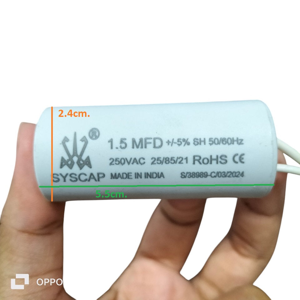 Syscap 1.5MFD 250V AC Motor Run Capacitor cylindrical capacitor with white wires held in hand