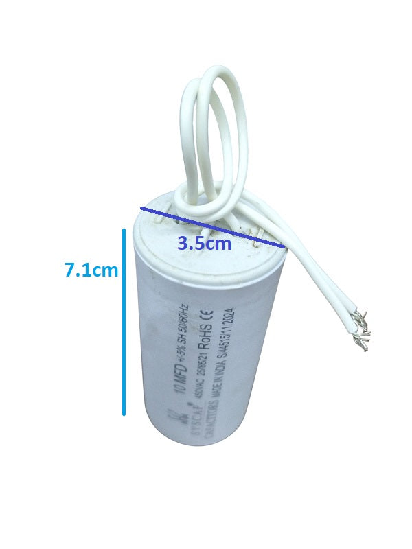 Syscap 10MFD 450 VAC Running Capacitor white cylindrical electrical component with wires