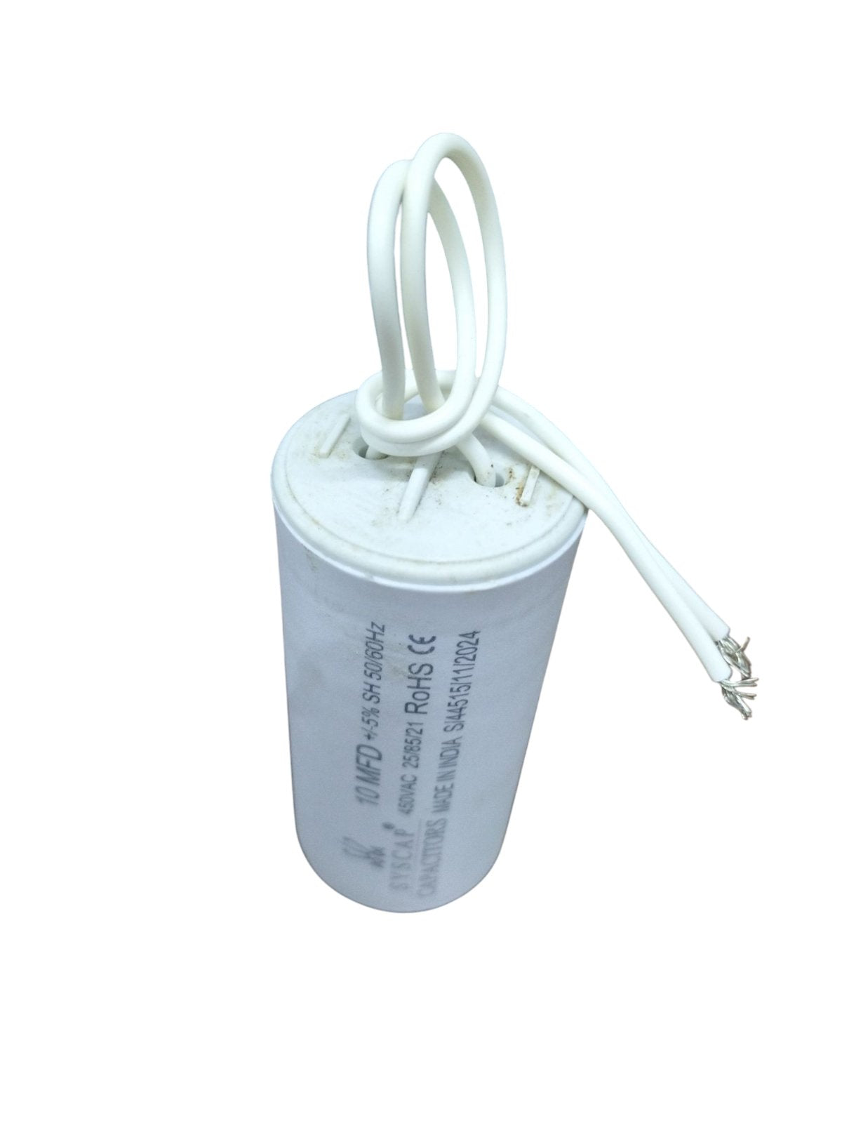 Syscap 10MFD 450 VAC Running Capacitor white cylindrical electrical component with attached wires