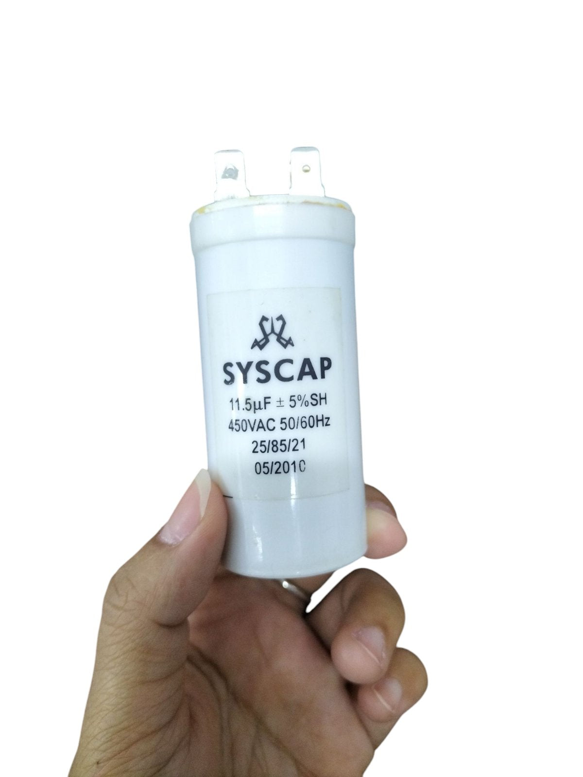 Syscap 11.5MFD 450 VAC Running Capacitor held in hand for electrical circuitry use