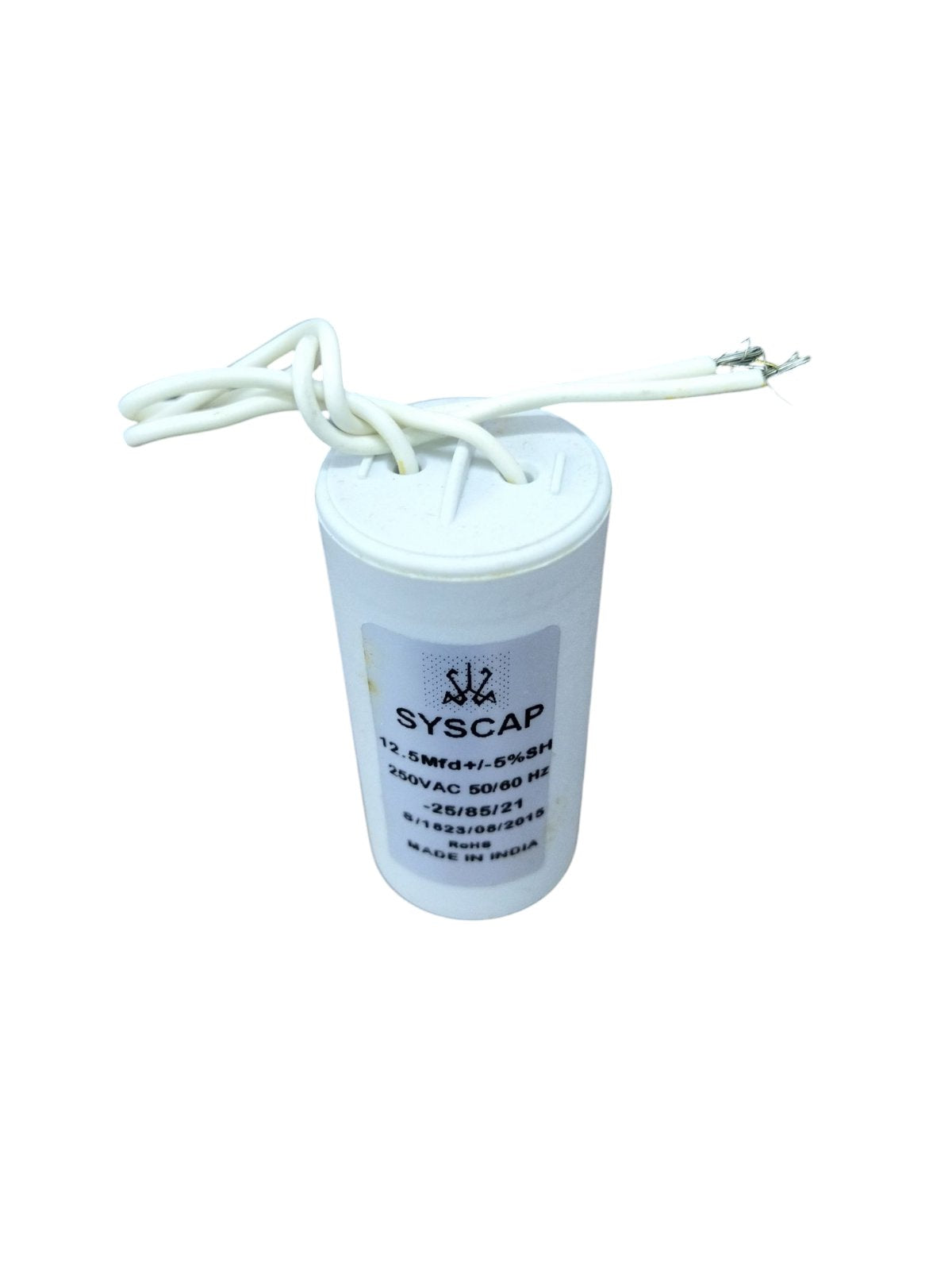 Syscap 12.5MFD 250 VAC Running Capacitor with white wires for electrical circuitry and parts